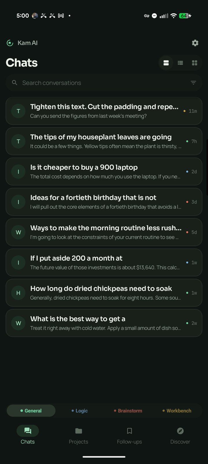 Kam AI chats list in dark mode